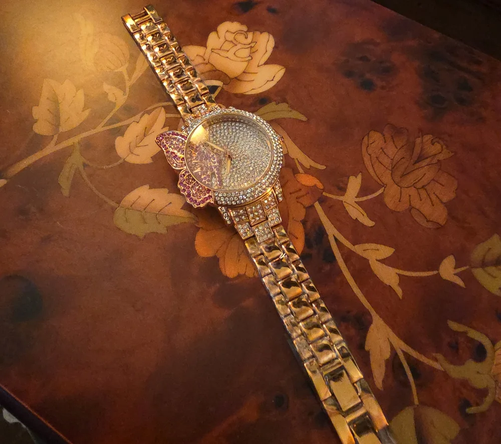 Off Park Collection (TM) Multicolor Crystal Rose Tone Butterfly Watch